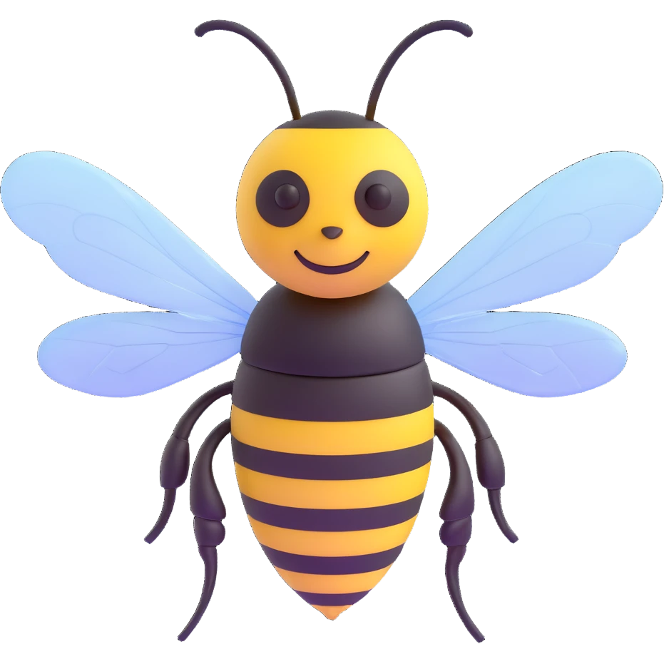 A bee, facing forward, with a slight smile, vibrant yellow and black stripes, and transparent wings. emoji