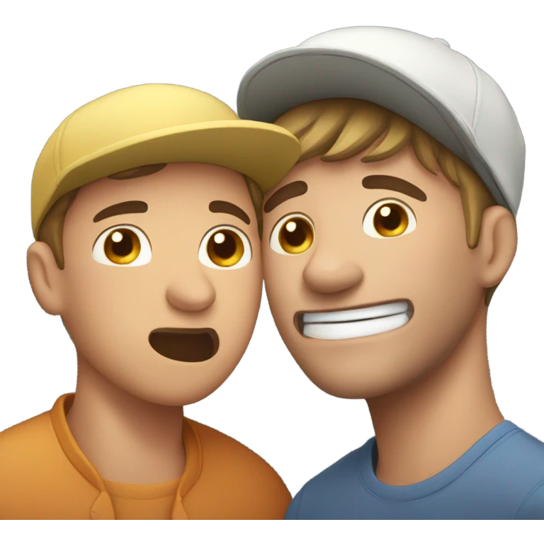 A guy biting his neck and having a hat on trying to raise a person with blush on its face with a cap on emoji