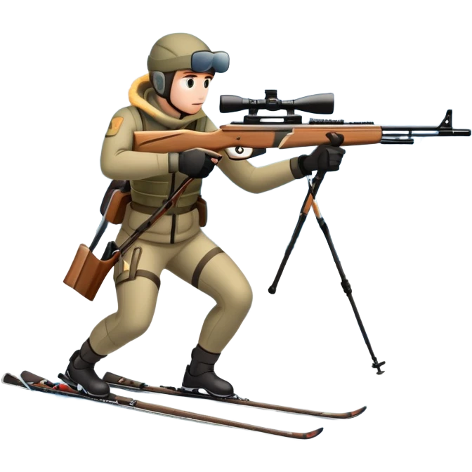 An icon showing a snowy landscape with pine trees, mountains, and a clear sky with a biathlete aiming a rifle in the foreground, wearing winter gear and skis. Transparent background emphasizes the precision, endurance, and beauty of this winter sport. emoji
