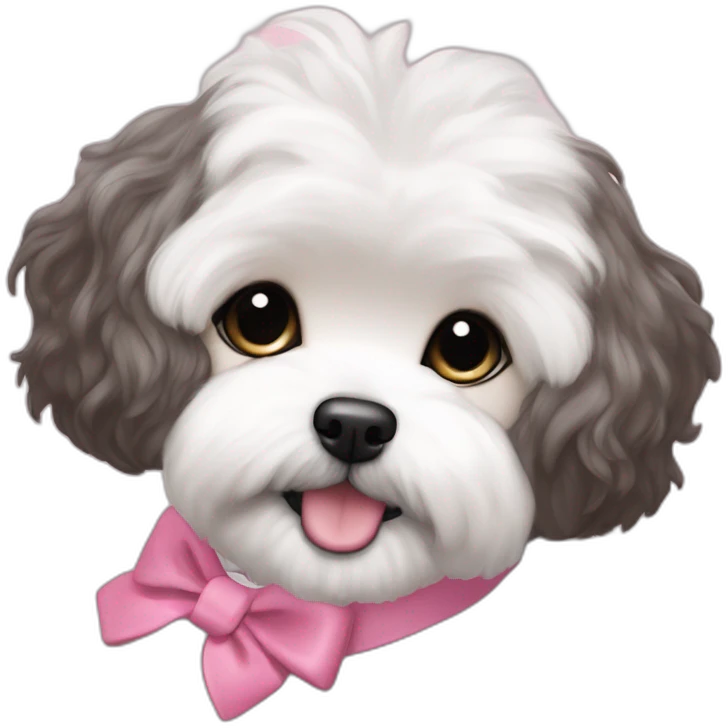 brunette Kendall Jenner with long hair holding on the hands white maltipoo wear on pink collar emoji