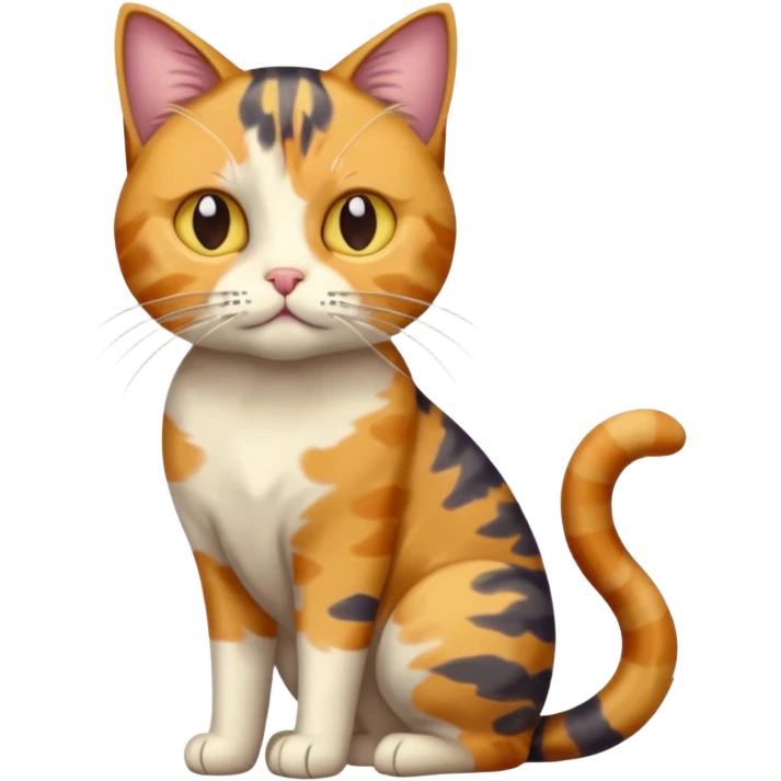 full body colourful calico tabby cat with disproportioned head with an anxious face emoji