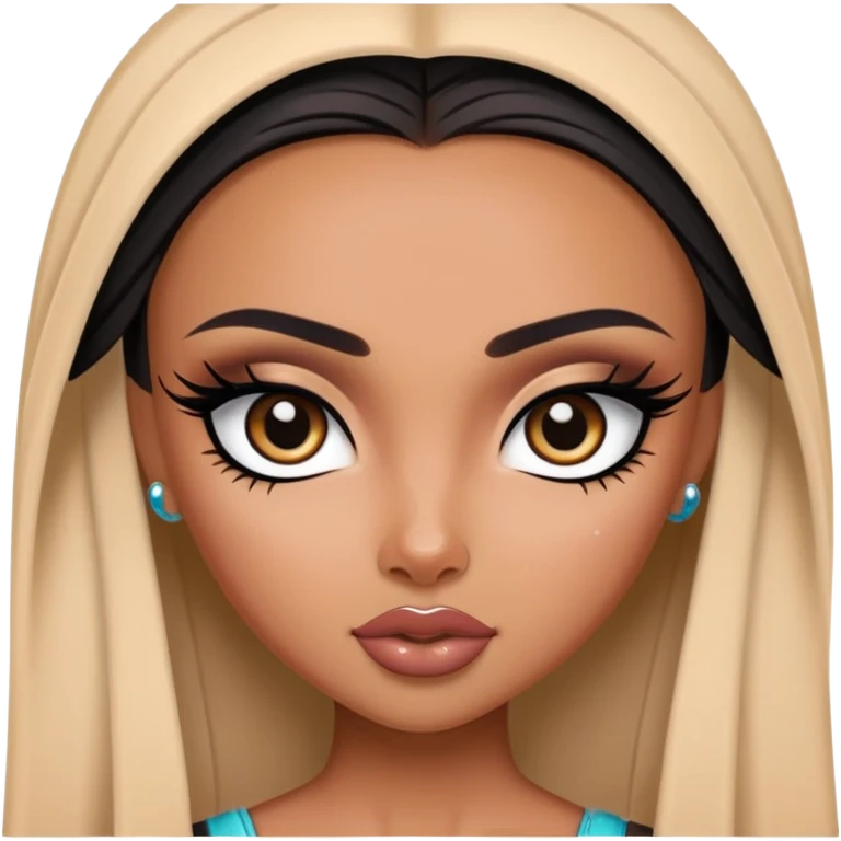 pretty bratz baddie, medium skin, dark long straight hair, arabian face, pretty eyeliner makeup emoji