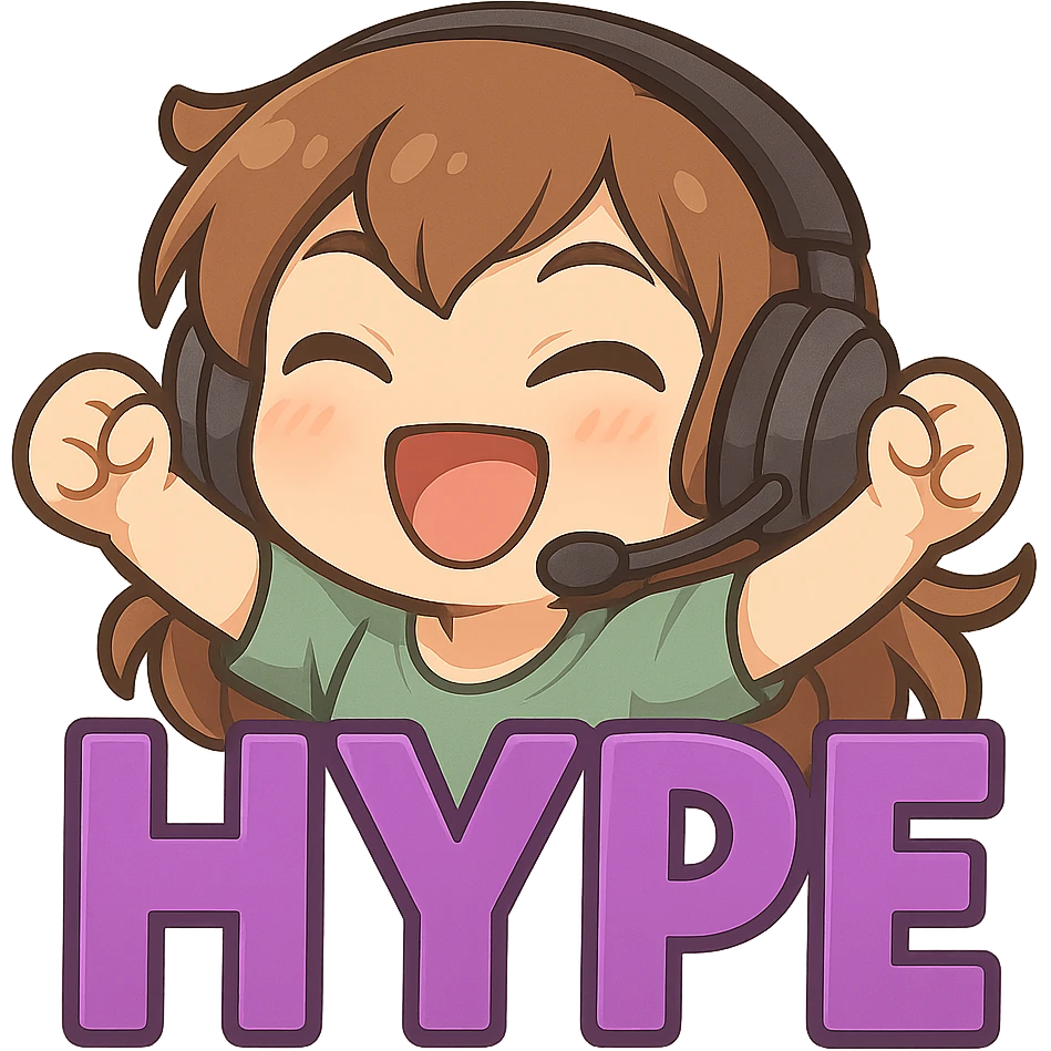 Add a gaming headset with a microphone to the character, keep the HYPE purple letters, maintain the chibi style and energetic expression, transparent background. emoji
