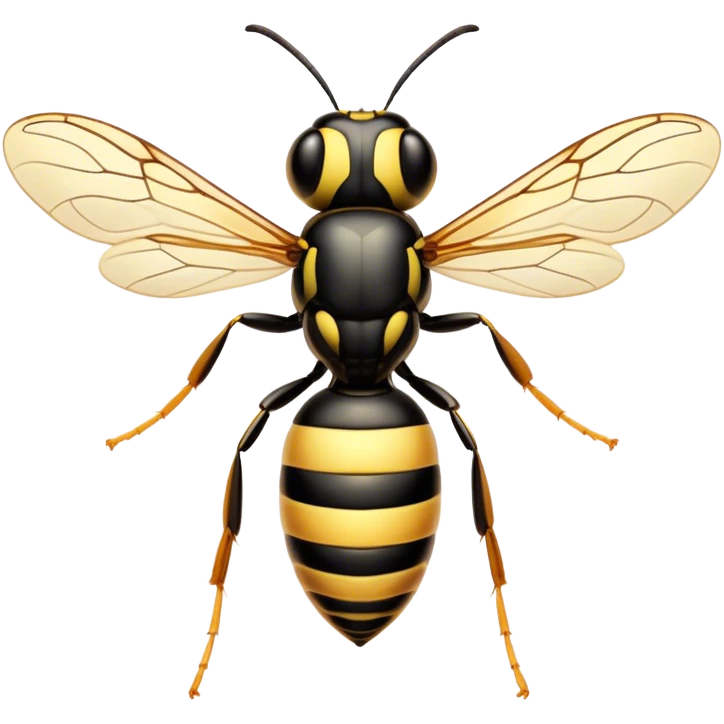 Beautiful and Majestic Wasp Portrait Emoji, Head and body rendered in serene repose with a gentle, confident smile, showcasing a refined, streamlined form with delicately patterned stripes and softly closed, focused eyes, Simplified yet exquisitely endearing features, highly detailed, glowing with a soft, drowsy radiance, high shine, relaxed and utterly noble, stylized with an air of regal insect elegance, soft glowing outline, capturing the essence of a beautiful and majestic wasp that embodies the refined power of nature! emoji
