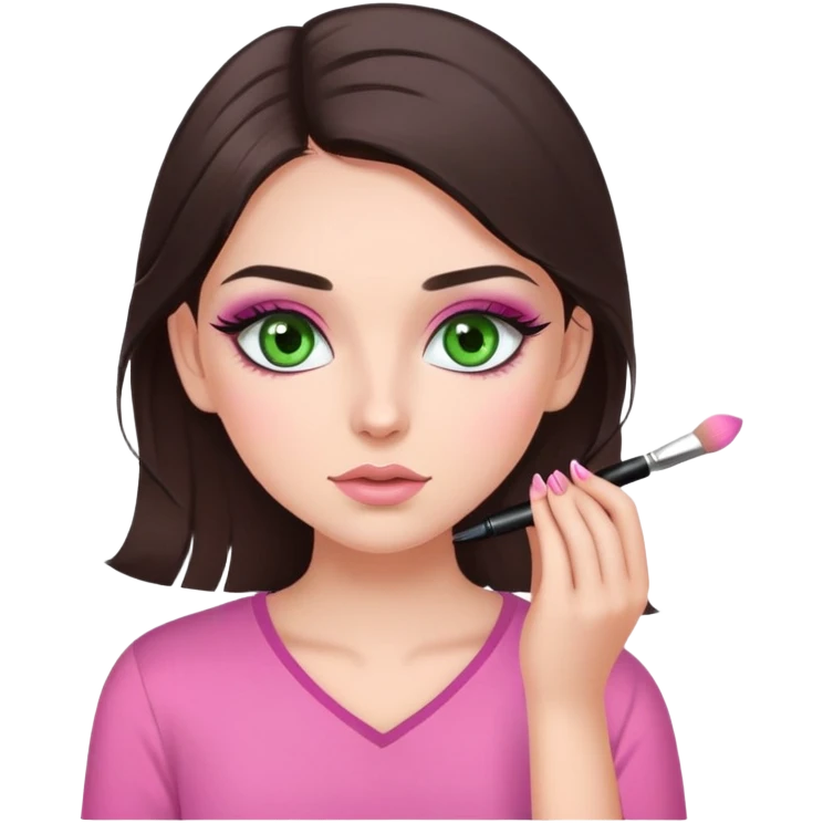 white, dark brown haired girl with green eyes putting on makeup. she has eyelashes and a pretty pink shirt emoji