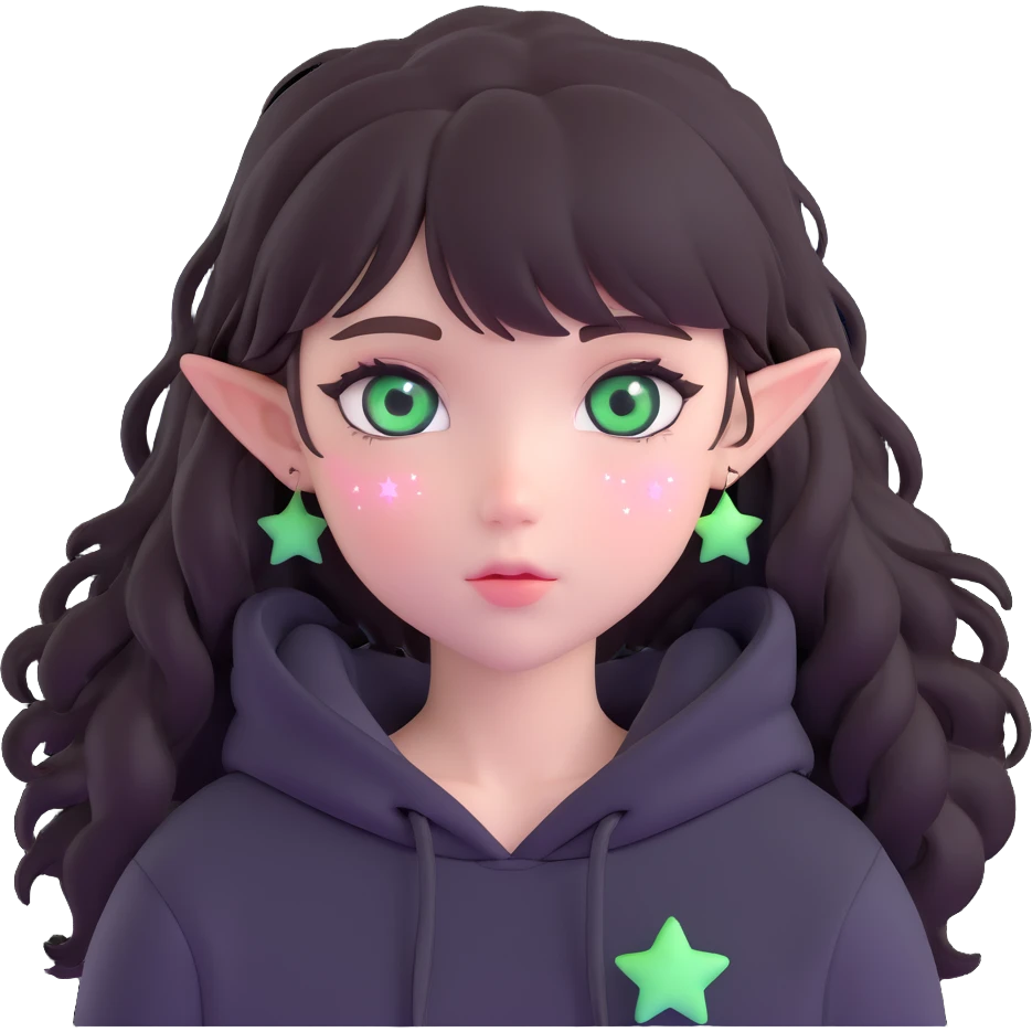 A cute girl with white skin, dark wavy hair just below her shoulders, green eyes, fair skin, a soft pink blush, and burning stars in her eyes. She has a thin neck and is wearing a black hoodie. The girl has long bangs styled on both sides of her face. emoji