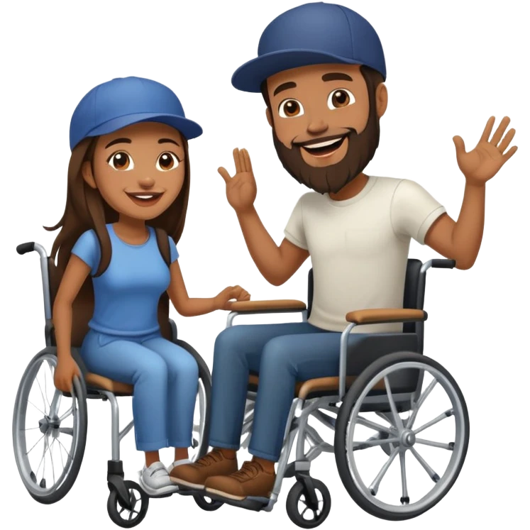 Tan skinned man with a beard and fitted cap in a wheelchair and a brown skinned woman with long dark hair in a wheelchair laughing  emoji