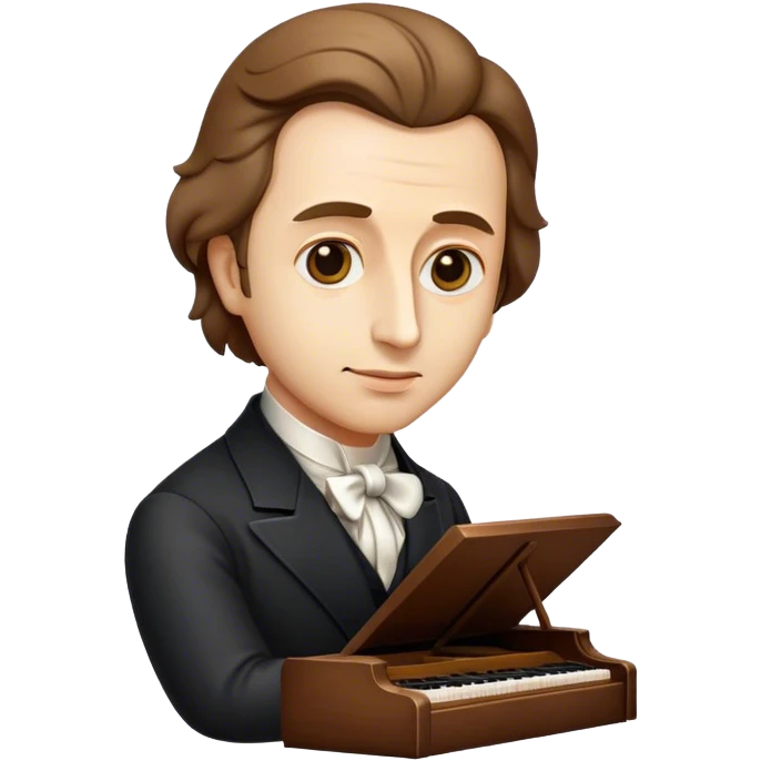 Cinematic Realistic Chopin Pop Culture Emoji, featuring an evocative portrayal of the legendary composer rendered with delicate textures and emotive, dynamic lighting. emoji