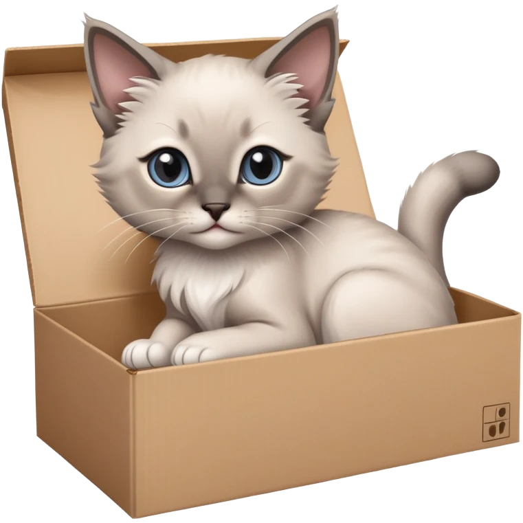  A very cute gery young kitten long hair Siamese Cat cat with one's head tilted to one side poked its paws out of the cardboard big box and placed them on top of it emoji