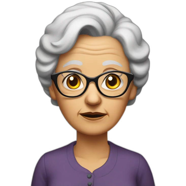 An elderly woman with raised eyebrows and a dissatisfied face. She has dark hair that is pulled into a bun at the back and she is wearing cat-like glasses. emoji