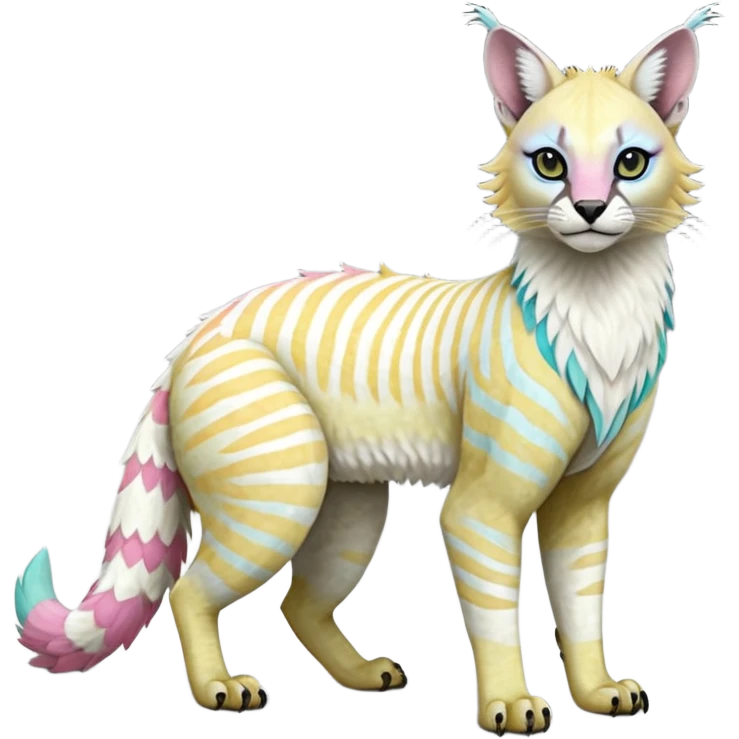 Realistic Colorful tropical tribal pale light fruity pastel white glorious iridescent exotic albino neon vibrant zigzagged fantasy-caracal-civet-genet-sergal-vernid-Gryphon-Cacomistle-Trico-oncilla-animal-Fakémon-hybrid-fursona (full body), facial markings, (realism style) emoji
