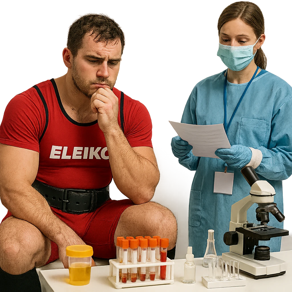 European powerlifter in competition, waiting for anti-doping test result, thoughtful look, medical staff and laboratory instruments, realistic atmosphere, isolated on white background emoji