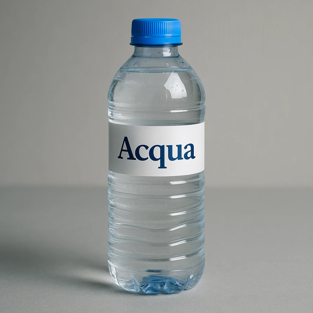 photo realistic plastic water bottle with the word 'Acqua' in Italian emoji