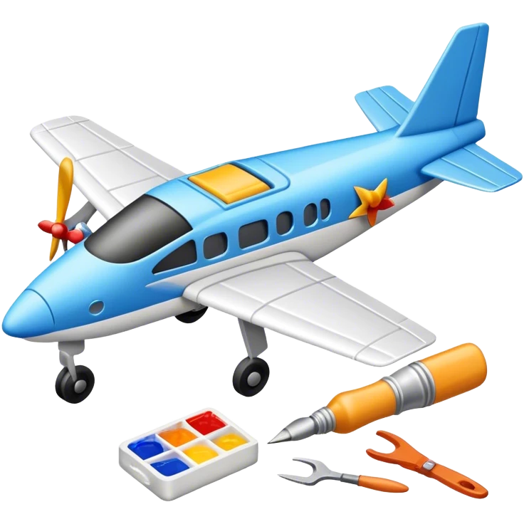 photorealistic icon featuring model-building tools like glue, paint, paintbrushes, pieces of a plastic model airplane in the process of being assembled. The design includes detailed textures of the model pieces and tools, capturing the focus and creativity of model building. Transparent background. emoji