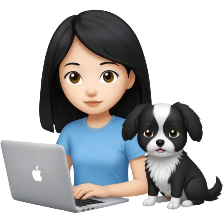 Asian girl long black hair, wearing a light blue t-shirt, working on an Apple laptop, next to her is a small black and white dog emoji