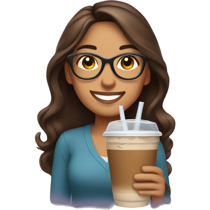 Smiling Hispanic woman with long brown hair wearing glasses holding an iced coffee emoji
