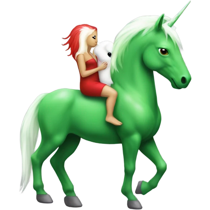 four-legged red unicorn white. a green amazon alien woman, on a unicorn emoji