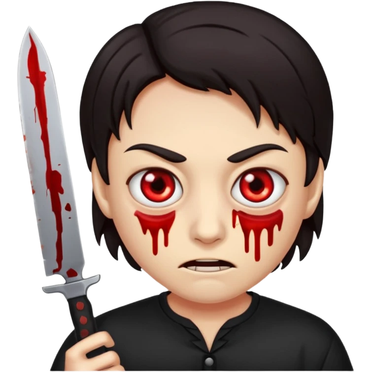 RED EYES, EVIL EMOJI, KILLER EYES, DARK HAIR, BLOODY EYES, 1 KNIFE IS IN THE HAND emoji