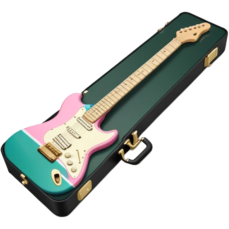 minimalist electric guitar in dark green with pink and blue stripe decal, closed inside a black rectangular hard case with gold latches, flat semi-3D style, soft matte textures, simplified details, stylized decal accent, alternate angle emoji
