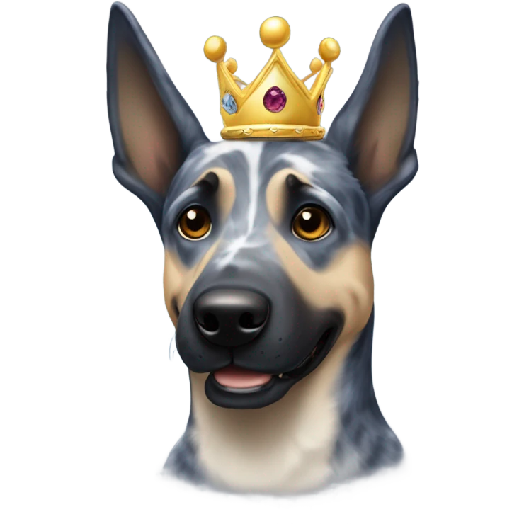 A smiling malinois dark blue merle without red color with a crown on his head emoji