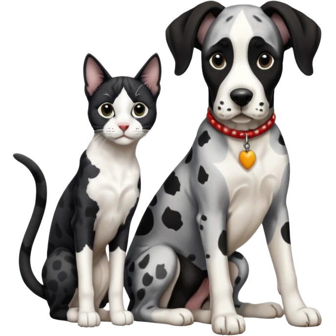 Harlequin great dane dog sitting with a black and white cat emoji