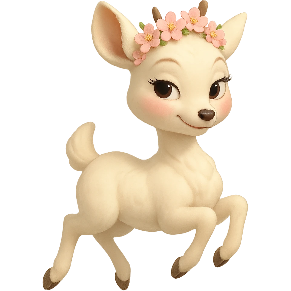 Pixar-inspired elegant feminine vanilla cloud doe with rosy cheeks and cherry blossom crown, floating gracefully, confident charming subtly alluring brand mascot for social media never revealing explicit emoji