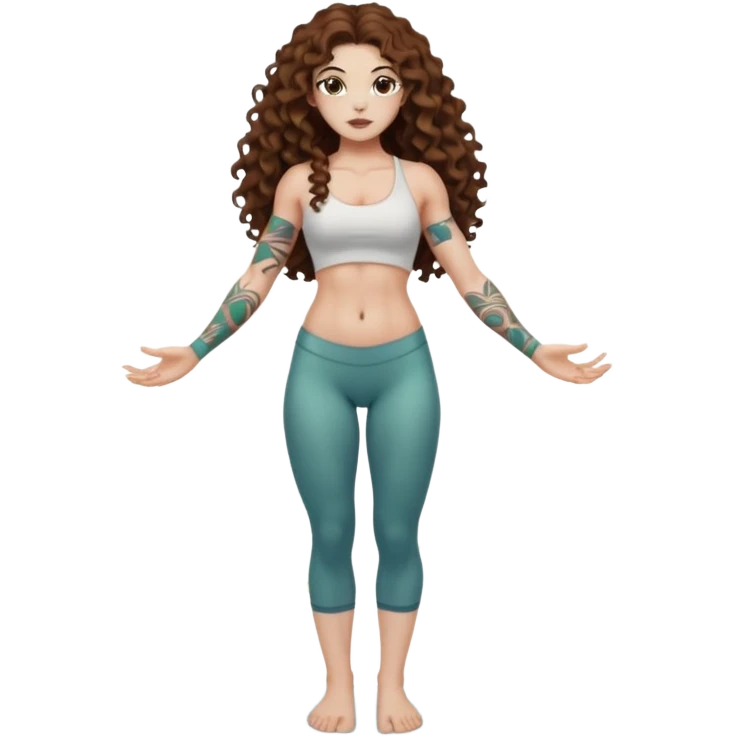 full body woman long curly brown hair brown eyes white skin tattoos muscular build lily pond spirit stance emoji
