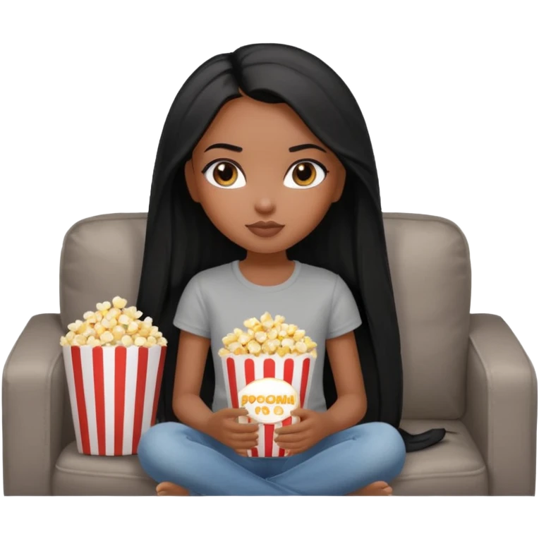 a pretty bratz dusky girl with long straight hair on a couch with popcorn nd wearing a grey tshirt emoji