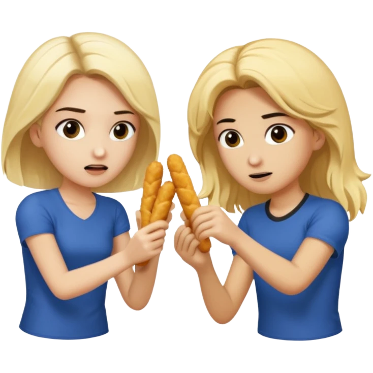 Aurore is blond and Enzo had mid-long black hair are fighting about mozzarella sticks emoji