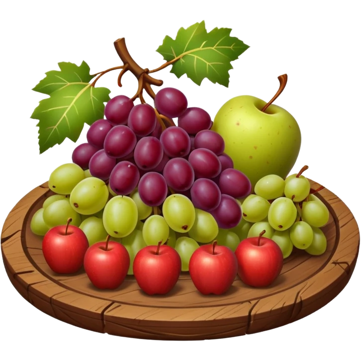 medieval fruit platter object icon, grapes and apples and pears, rustic plate, 3D cartoon, mobile game icon style, clean background, no text, no watermark
 emoji