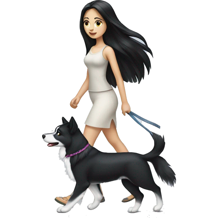 Long black hair pale girl walking husky dog emoji