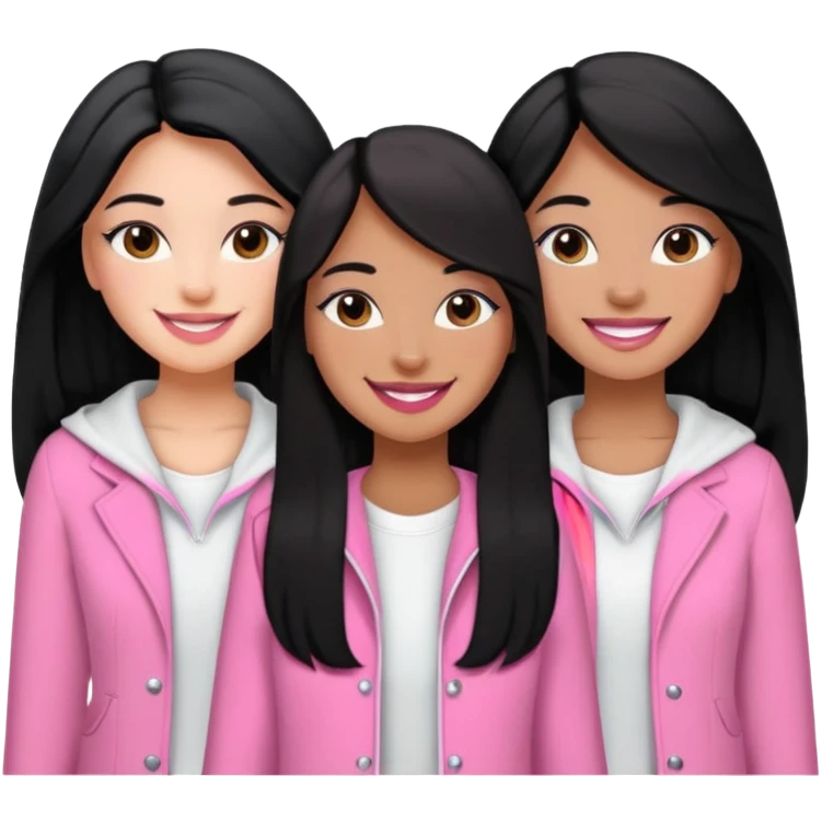 3 besties with professional glammed up looks wearing pink and white, medium skin tone smiling big with black long hair. Very girly  emoji