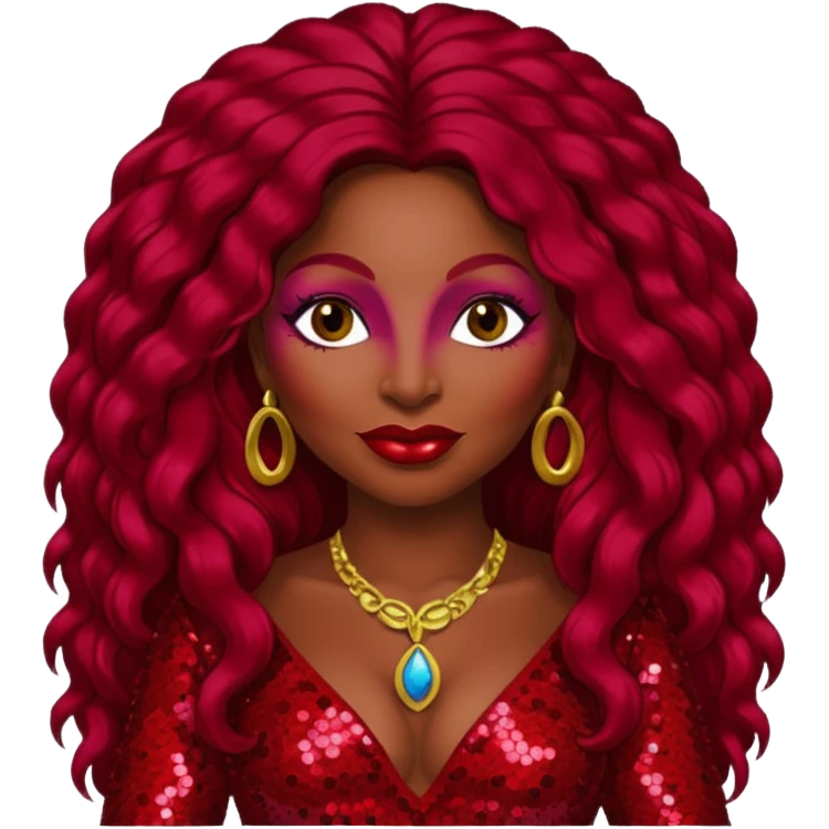 Chaka Khan with long dark red hair, red sequin outfit emoji