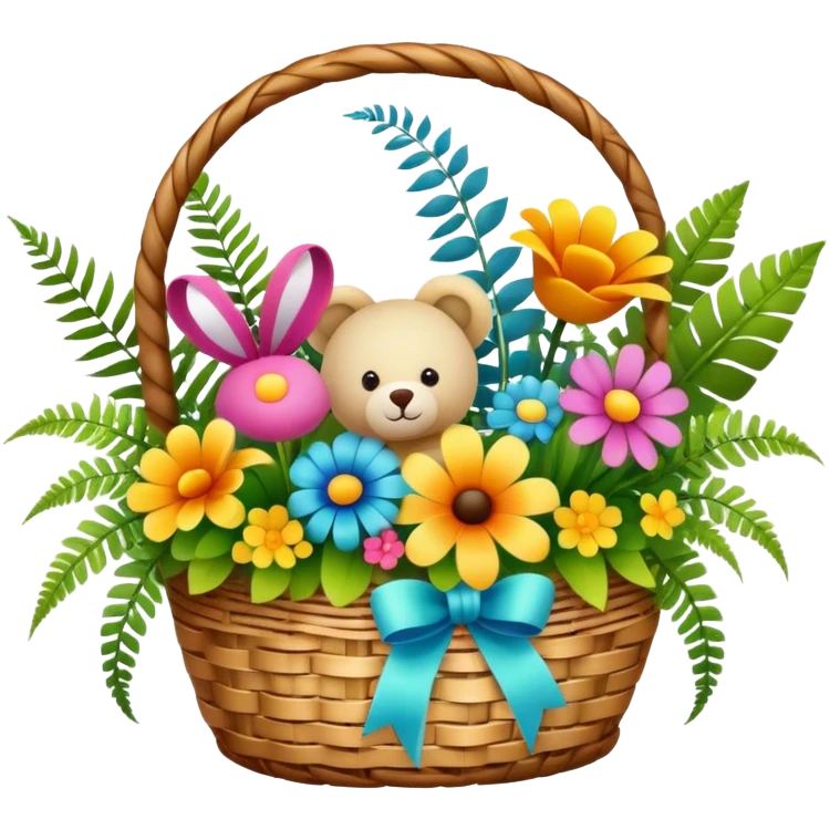 Icon for Floristry: a woven basket with flowers, reeds, ferns, bright ribbons, and a small plush toy. The icon should represent creativity in flower arrangement and decorative design. Transparent background. emoji
