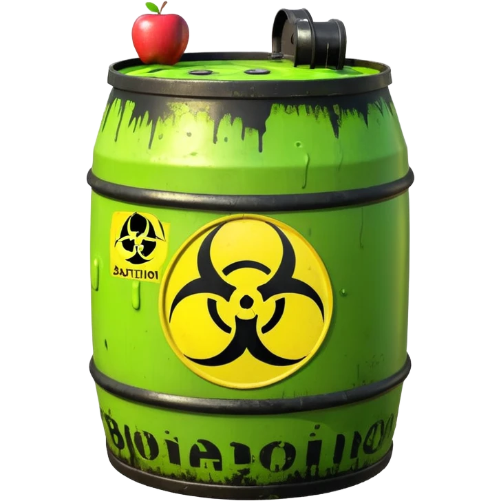 3D render of Biohazard Barrel, toxic waste aesthetic, neon green bubbling liquid, caution yellow metal, industrial warning texture, Apple emoji style, isolated on white background --v 6.0 emoji