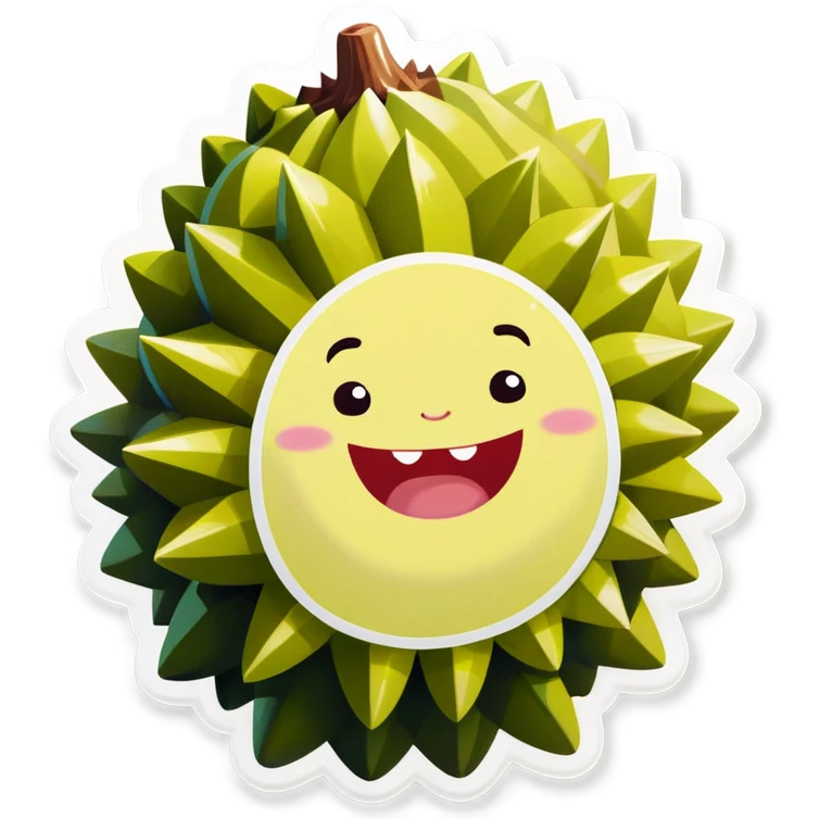 A cute and smiling durian fruit with a whimsical and friendly expression. The durian’s spiky green shell is slightly open, revealing its soft yellow flesh inside. The design is cartoon-like, colorful, and cheerful, set against a light background. The focus is on making the durian look adorable and inviting, with rounded features and a playful vibe. emoji
