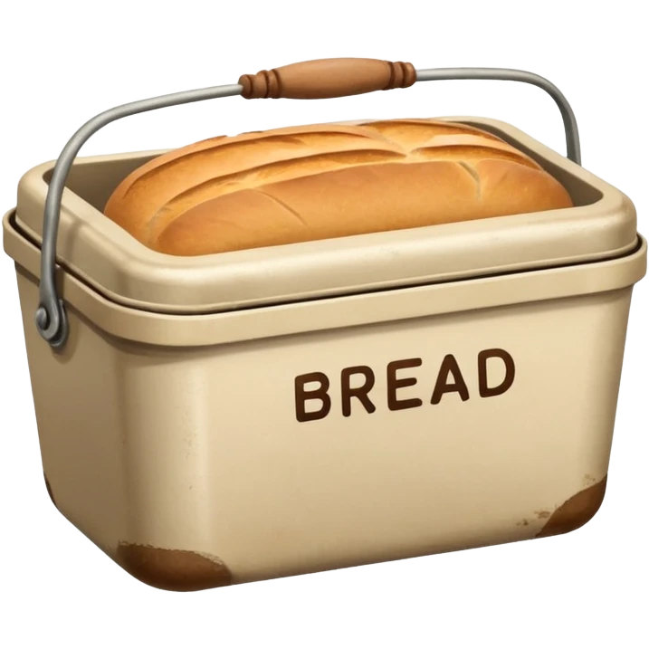 Small beige metal container with the word “bread” emoji
