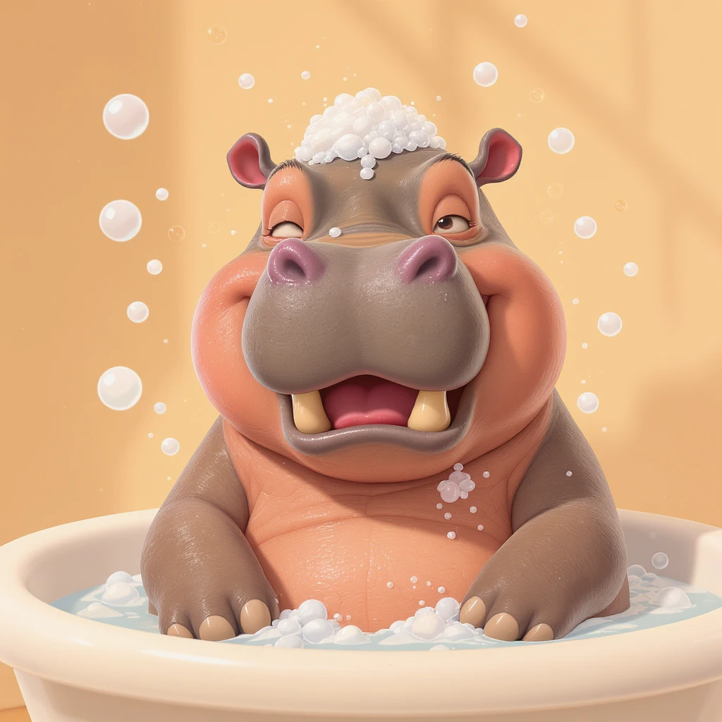 happy hippo with bubbles in bathtub emoji