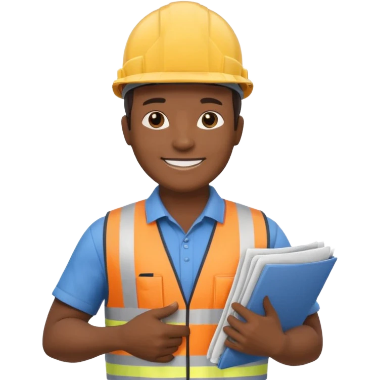 Сгенерируй мне индонезийца в чуть рисованном стиле, в каске и с чертежом в руках. По пояс. На однородном фоне. Он строитель emoji