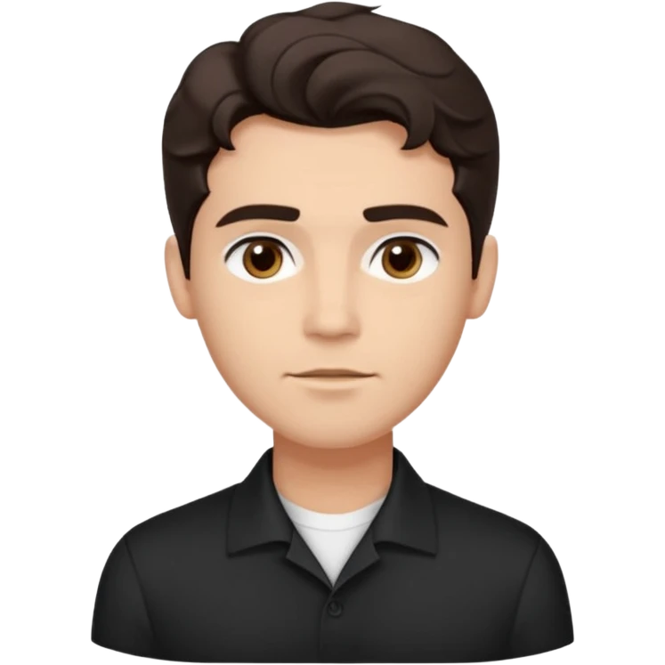 He’s a man with light to medium skin, a defined oval face, full brows, deep-set eyes, and wavy short dark brown tall hair styled with height, sides are trimmed. expression calm and focused relaxed black open-collar. polished, articulate, and coach vibe. personal development emoji