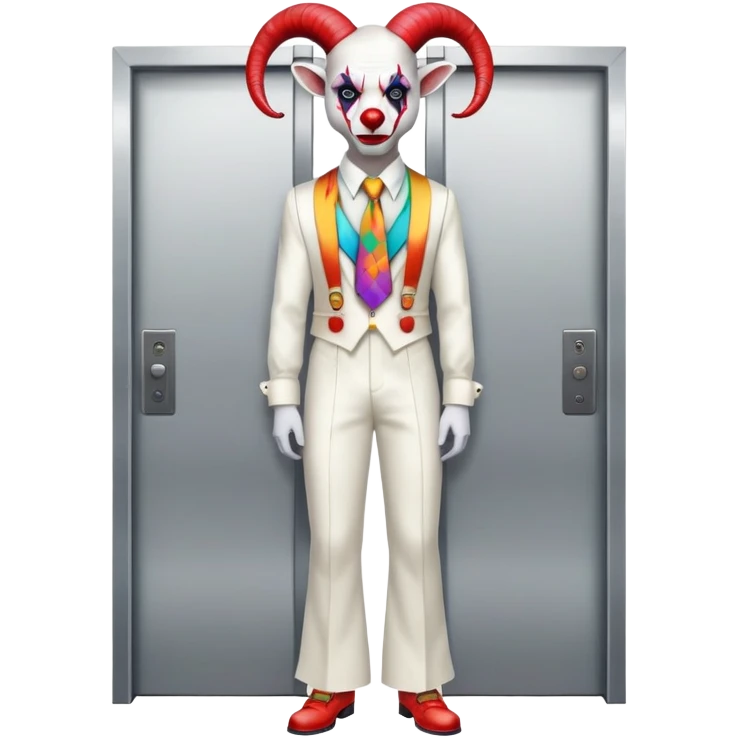 full-body demonic clown in a white leisure suit with bellbottom pants, bald, black ram horns, elevator shoes, flashy belt, ruffled shirt, colorful tie emoji