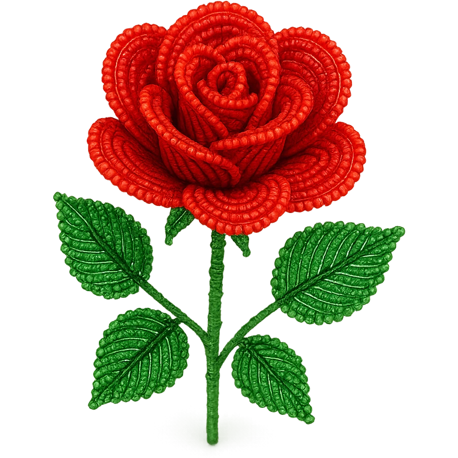 french beaded red rose, stylized, vibrant red beads, green beaded leaves, delicate craftsmanship, isolated, no background emoji