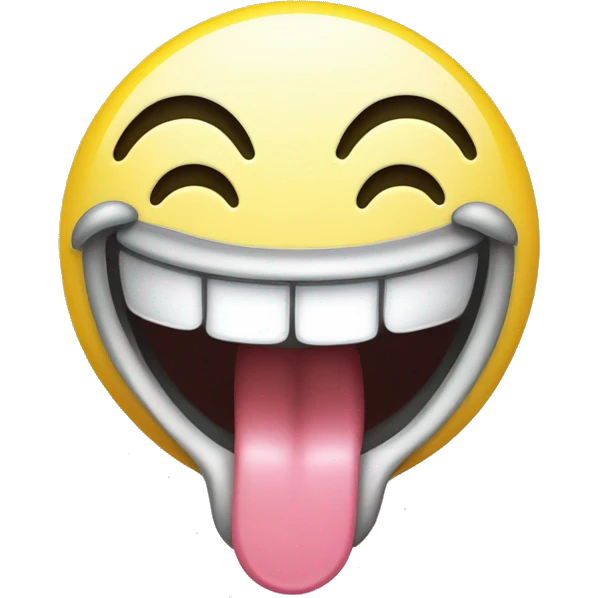 A yellow smiley face emoji grinning with tongue out, making the "horns" gesture with both hands. Eyes closed or squinting with laughter. Transparent background. emoji