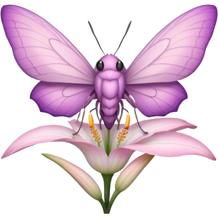 Композиция из моли и цветка — маленькая моль, сидящая на лепестке ночного цветка лилии. Цвета: пастельные, с акцентом на розовый и фиолетовый. Отражает гармонию с природой. emoji