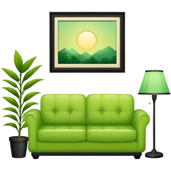 living room in ios emoji style

no TV, and make the couch a light green color

there is a lamp on one side and one plant on the other side emoji