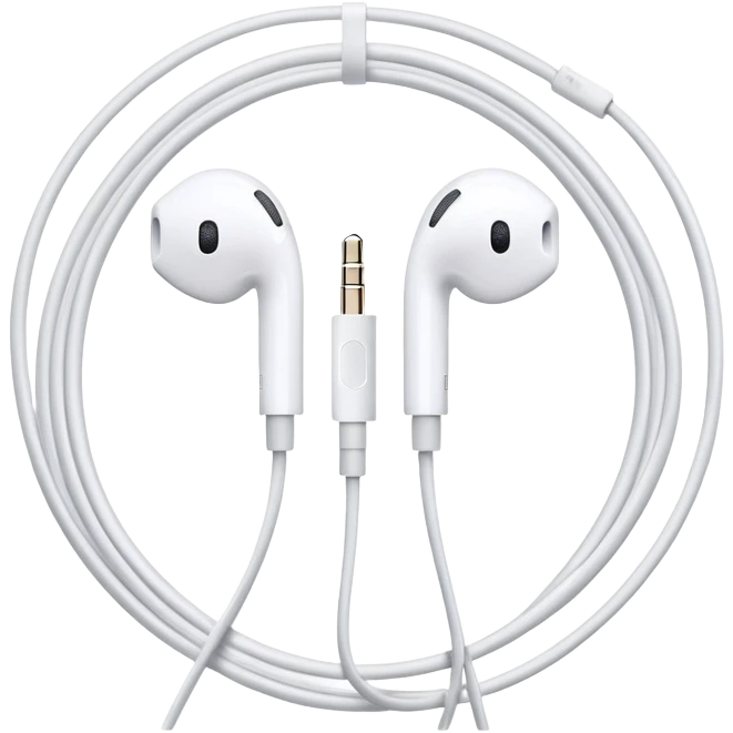 Just white wired Apple EarPods coiled in a circle, no case whatsoever, only the earbuds with the cord wrapped into a neat circle, minimalist iOS style, showing the earbuds and wire only emoji
