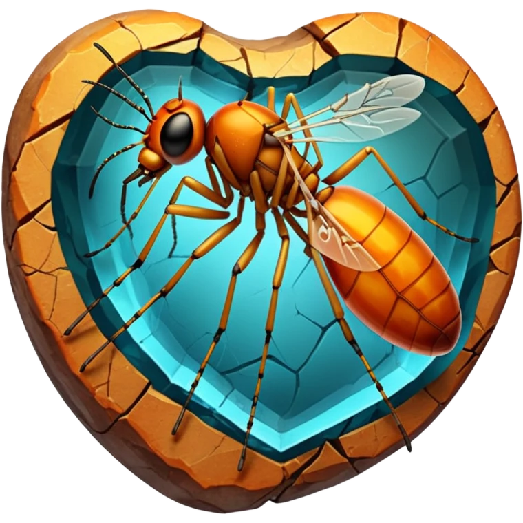 3D render of Amber Mosquito, embedded in a chunk of rough sedimentary rock, cracked stone texture, ancient fossil aesthetic, trapped inside a glowing translucent orange amber gem, matte dry finish, Apple emoji style, isolated on white background --v 6.0 emoji