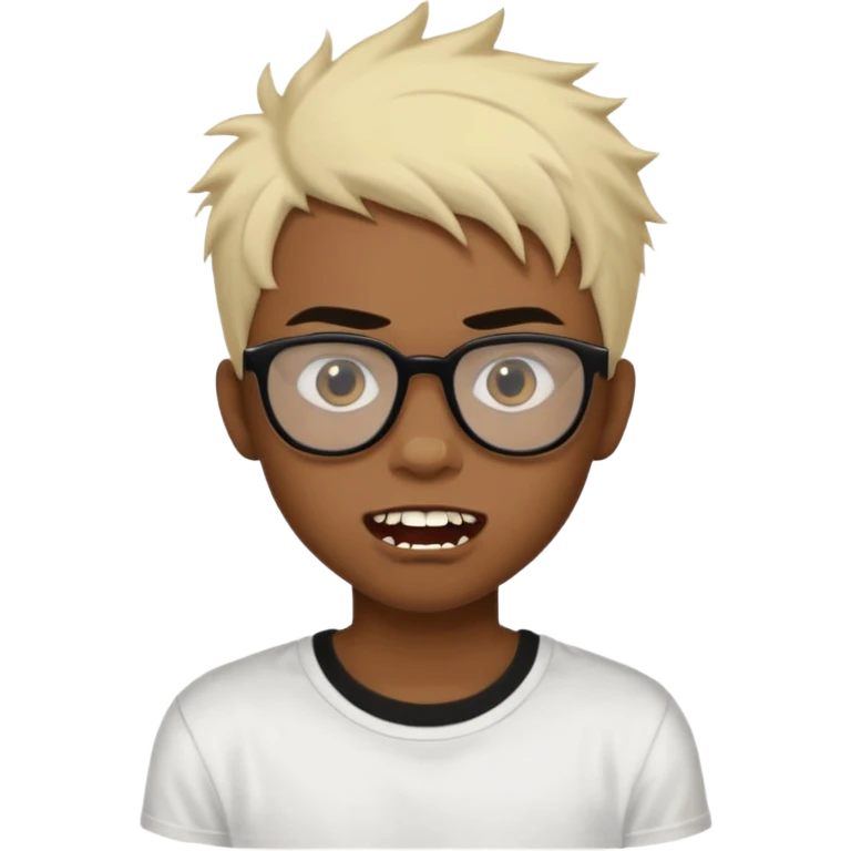 Black Male Teenager with Short punk messy blonde hair, Dark brown bushy eyebrows large expressive golden-brown eyes, wearing a plain white t-shirt, wearing thick black glasses, Dark Brown skin color. Showing off his singular vampire tooth emoji