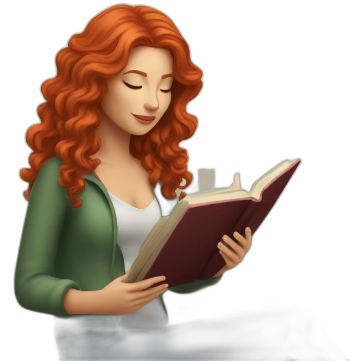 White woman with long curly red hair reading a book with a glass of wine in a park emoji