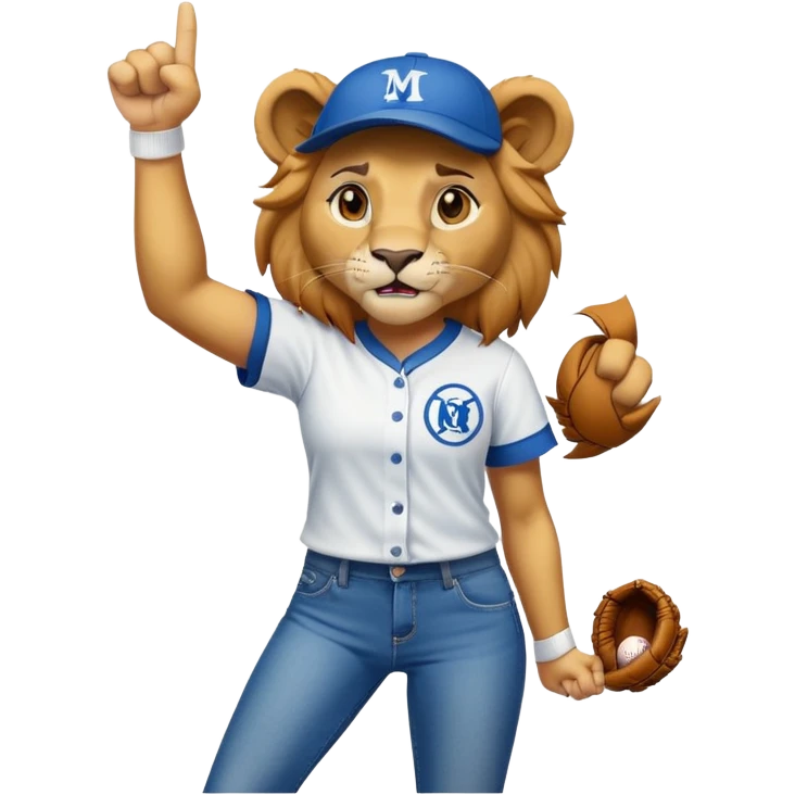 confident anthropomorphised female lion wearing baseball shirt, jeans, trainers, raising a fist in the air, angry expression, no sunglasses emoji